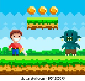 Brave man with steel sword fighting against monster. Zombie attacks human, apocalypse in pixel game