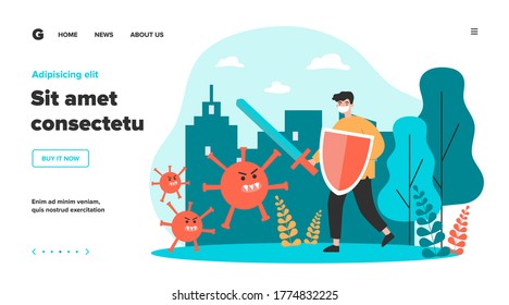 Brave man wearing medical face mask, holding shield and sword, fighing against virus cartoon character. Vector illustration for coronavirus, protection, epidemic, pandemic concept