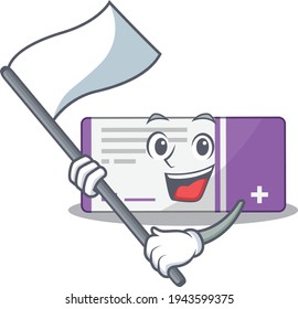 A brave medicine box mascot character design holding a white flag. Vector illustration