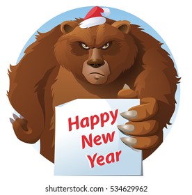 For brave men. Bear holds Happy New Year card. Cartoon styled vector illustration. Elements is grouped and divided into layers for easy edit. No transparent objects.