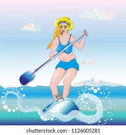 A brave modern grandmother, a sports elderly woman is surfing, a merry grandmother with her cats
