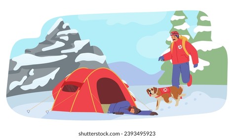 Brave Mountain Rescuer, Clad In Winter Gear, And Loyal Dog Heroically Save Stranded Tourist In The Snow-covered Mountains, Embodying Courage Amid The Icy Wilderness. Cartoon Vector Illustration