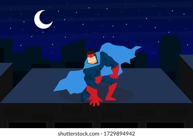 Brave Muscular Superhero Character in Blue Waving Cloak Sitting on Top of Roof at Night City Cartoon Vector Illustration