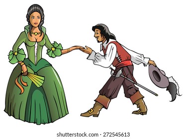 Brave musketeer shows reverence to the Queen, vector illustration

