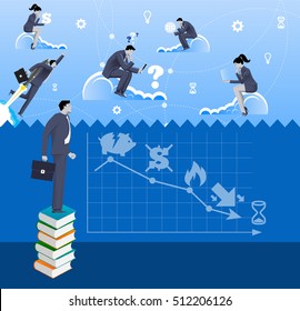 Brave New World Business Concept. Pensive Businessman In Business Suit With Case Standing On Pile Of Books Looking Over The Fence Where Business People Are Flying On The Clouds Surrounded With Light