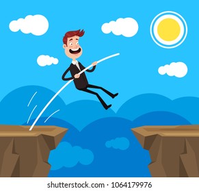 Brave office worker businessman character jumping over precipice rock. Business risk challenge career achievement concept. Vector flat cartoon graphic design illustration