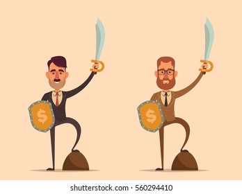 Brave Office Workers with Sword and Shield. Vector Illustration