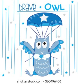 brave owl with a parachute and lines and dots vector illustration