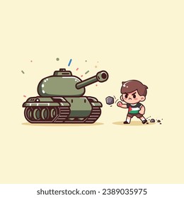 Brave Palestinian child confronts colonial military tank and throws stones with angry expression illustration concept