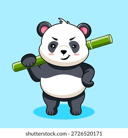 Brave Panda con palo de bambú sintiéndose confiado Ilustración vectorial diseño de dibujos animados Kawaii