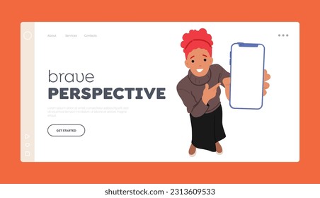 Brave Perspective Landing Page Template. Top View Of A Woman Pointing At A Smartphone Screen, Her Eyes Filled With Excitement As She Explores The Digital World. Cartoon People Vector Illustration