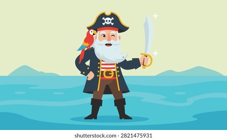 Brave pirate captain with a long grey beard and a colorful parrot on his shoulder holding up a shining sword.