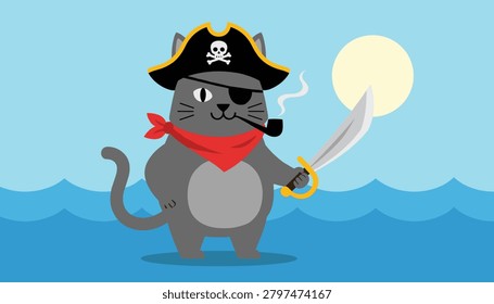 Brave pirate cat character wearing an eyepatch and a pirate hat while holding a sword against a full moon over the ocean.