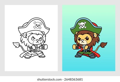 Brave Pirate Lion Character in Fighting Pose with Hat and Coat