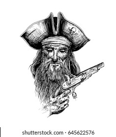 Brave Pirate With Pistol, Hand Drawn Sketch Vector Illustration.