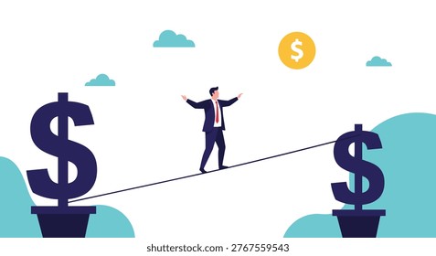 Brave professional in a suit performs a balancing act on a tightrope stretched between two giant dark blue dollar symbols against a blue sky.
