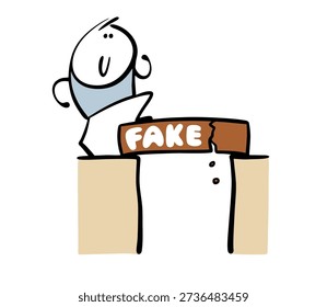 Brave, reckless man crosses unreliable bridge. Cartoon vector illustration is fake, the bridge is collapsing, a broken board and blind faith in luck, unverified information leads to disaster.