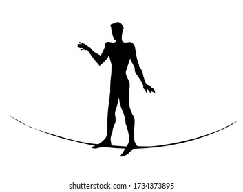 Brave risky guy figure safety skill cross old string pole path. Paper text space view. Outline black ink pen hand drawn difficult fear height show venture hazard logo. Retro artist doodle style design