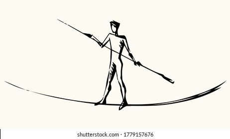Brave risky guy figure safety skill cross old string pole path. Paper text space view. Outline black ink pen hand drawn difficult fear height show venture hazard logo. Retro artist doodle style design
