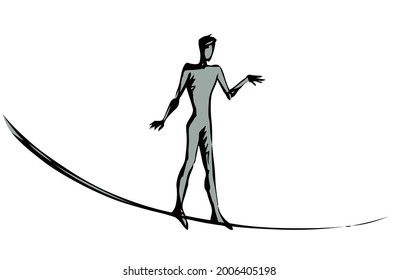 Brave risky guy figure safety skill cross old string pole path. Paper text space view. Outline black ink pen hand drawn difficult fear height show venture hazard logo. Retro artist doodle style design