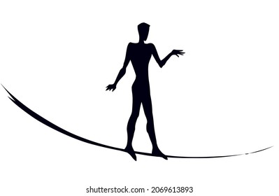 Brave risky guy figure safety skill cross old string pole path. Paper text space view. Outline black ink pen hand drawn difficult fear height show venture hazard logo. Retro artist doodle style design