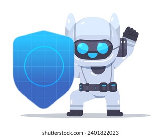 Robot valiente con escudo en fondo aislado. Concepto de ciberprotección. Ilustración vectorial de dibujos animados