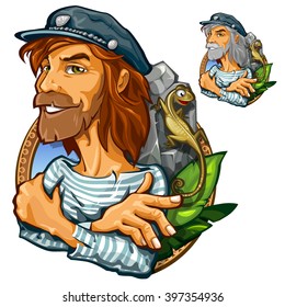 A brave sailor in his youth and old age. Scientific expedition. Vector illustration.