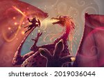 Brave samurai with sword attacks a Japanese dragon in flight, fantasy illustration with battle of warrior and reptile monster. Magic asian landscape with fire breathing dragon and fighter silhouette.