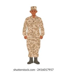 Brave serious man sergeant cartoon character wearing military camouflage isolated on white