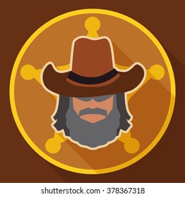 Brave sheriff with hat and a golden badge in flat style and long shadow ready for the Wild West.