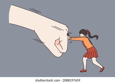 Brave small girl child fight huge fist protest against domestic violence or abuse. Decisive courageous kid protect from bullying and harassment. Children care and protection. Vector illustration. 