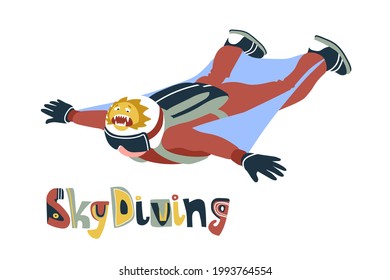 brave soaring skydiver with a funny cowardly lion on the helmet, extreme sport, wingsuit or parachuting, color vector illustration in cartoon and flat design