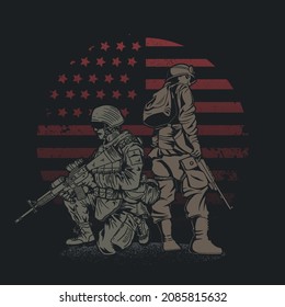 Brave Soldier With American Flag Grunge Concept