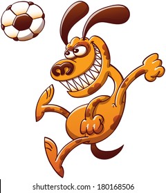 Brave spotted brown dog clenching its fists and teeth in a powerful and dynamic attitude while executing a big jump to hit a soccer ball