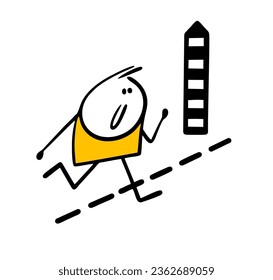 Brave stickman guy crosses the border, steps through the dotted line. Vector illustration of freedom and the border striped pillar. Funny cartoon character isolated on white background.