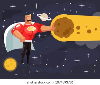 Brave strong superhero man character stop meteorite and save planet. Protection comic book super hero concept. Vector flat cartoon design graphic isolated illustration