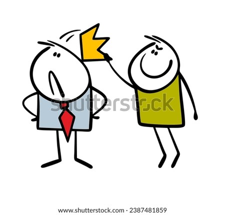 Brave subordinate secretly removes crown from the arrogant boss. Vector illustration of businessman imagines himself to be king. Colleagues at work are joking. Isolated cartoon on white background.