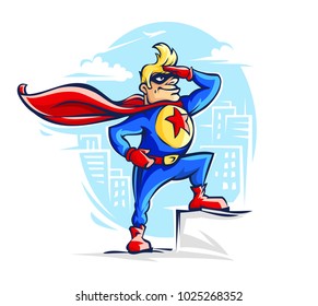 Brave superhero man in costume with red cloak and star on the chest for hero like captain America, a fantastic guardian of the city. Comics cartoon personage outline, isolated on white background.