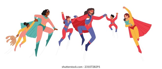 Brave Superhero Mother Characters Protecting their Children With Strength And Love, Inspiring Them To Be Brave, Kind, And Resilient. Moms Super Heroes with Kids. Cartoon People Vector Illustration