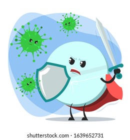 Brave tablet with sword and shield fights with virus and bacteria vector isolated. Medical prescription concept. Antibiotic treatment.