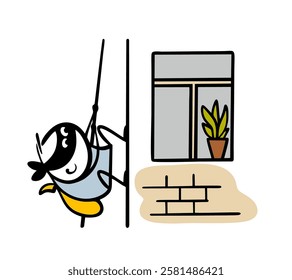 Brave thief climbs up the wall of the house into the apartment. Vector illustration of a robber with a black mask and a bag robbing people. Isolated funny character on white background.