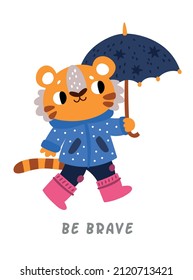 Brave tiger with umbrella. Cute baby animal card