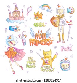 Brave tomboy Hell princess vector cartoon set. Princess magic and feminism illustration, little teen girl, princess superhero and warrior, brave girl illustration. Feminism princesses collection -