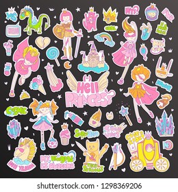 Brave tomboy Hell princess vector cartoon set. Princess magic and feminism illustration, little teen girl, princess superhero and warrior, brave girl illustration. Feminism princesses collection -