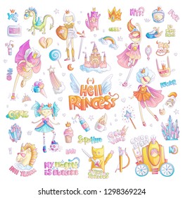 Brave tomboy Hell princess vector cartoon set. Princess magic and feminism illustration, little teen girl, princess superhero and warrior, brave girl illustration. Feminism princesses collection -