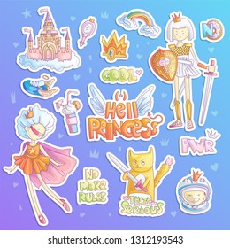 Brave tomboy Hell princess vector cartoon set. Princess magic and feminism illustration, little teen girl, princess superhero and warrior, brave girl illustration. Feminism princesses collection -
