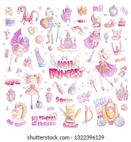 Brave tomboy Hell princess vector cartoon set. Princess magic and feminism illustration, little teen girl, princess superhero and warrior, brave girl illustration. Feminism princesses collection -