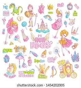 Brave tomboy Hell princess vector cartoon set. Princess magic and feminism illustration, little teen girl, princess superhero and warrior, brave girl illustration. Feminism princesses collection -