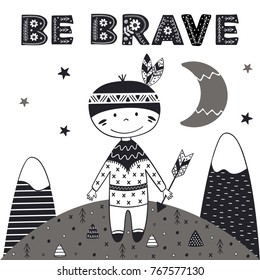 brave tribal boy in Scandinavian style. Poster,childish print, card - vector illustration, eps