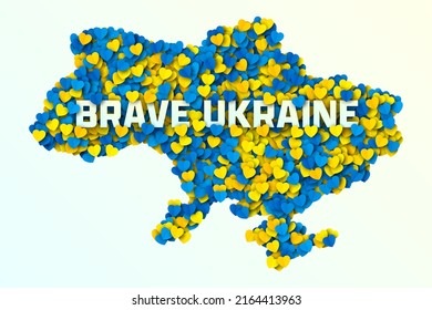 Brave Ukraine Vector Cut Out Paper Yellow Blue Hearts In The Shape Of Ukraine Map Isolated On Light Background. Ukrainian Border Contour In National Patriotic Colours Art Illustration For Poster Print